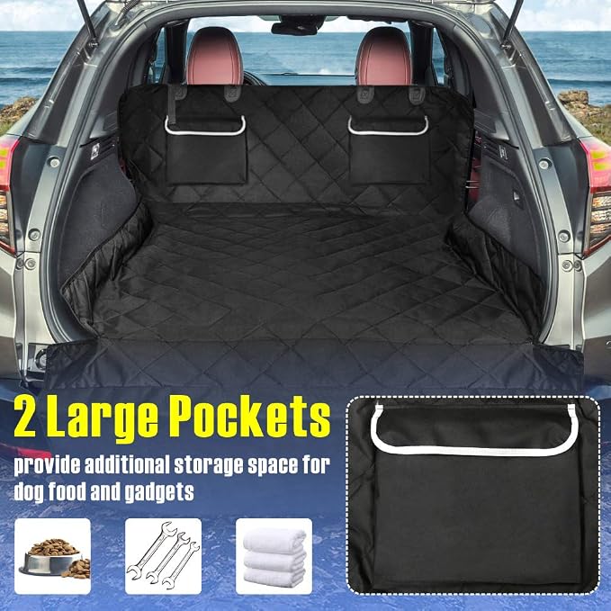 SUV Cargo Liner for Dogs, Waterproof Pet Cargo Cover Dog Seat Cover Mat for SUVs Sedans Vans with 2 Large Pockets, Non-Slip, Large Size Universal Fit, Black