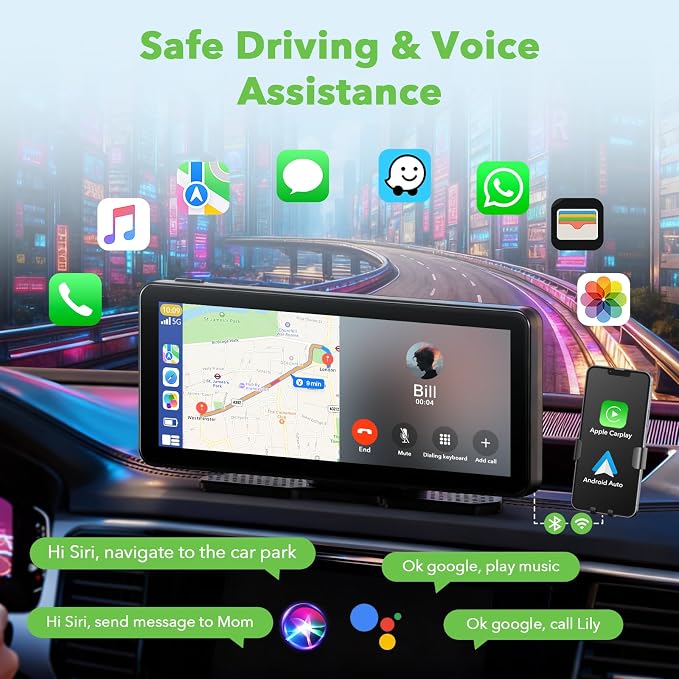 6.86" CarPlay Screen with Dual Dash Cam 2.5K Front 1080P Rear | Apple CarPlay & Android Auto, Mirror Link, Voice Control, GPS Navigation — Access maps, music and calls for daily drives.