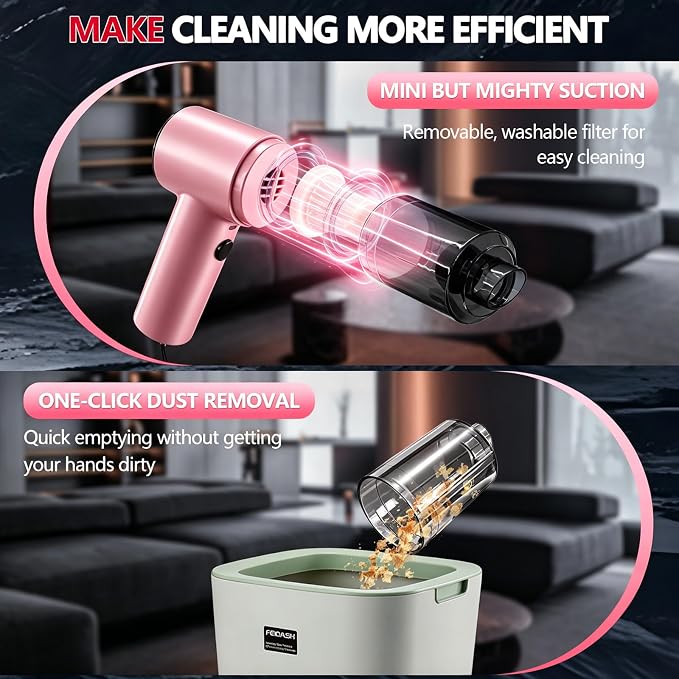 High Powerful Car Vacuum Cleaner - Powerful Suction Portable Handheld Vacuum with Washable Filter, Low Noise, 12V Auto Accessories Kit for Interior Detailing - Pink
