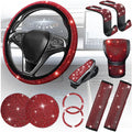 11PCS/Set Bling Car Accessories Set for Women, Rhinestone Vehicle Steering Wheel Cover Seat Belt Cushion Gear Shift Protector Cup Holder Coaster, Universal Automotive Accessories (Red)