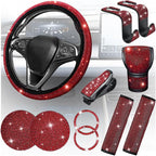 11PCS/Set Bling Car Accessories Set for Women, Rhinestone Vehicle Steering Wheel Cover Seat Belt Cushion Gear Shift Protector Cup Holder Coaster, Universal Automotive Accessories (Red)