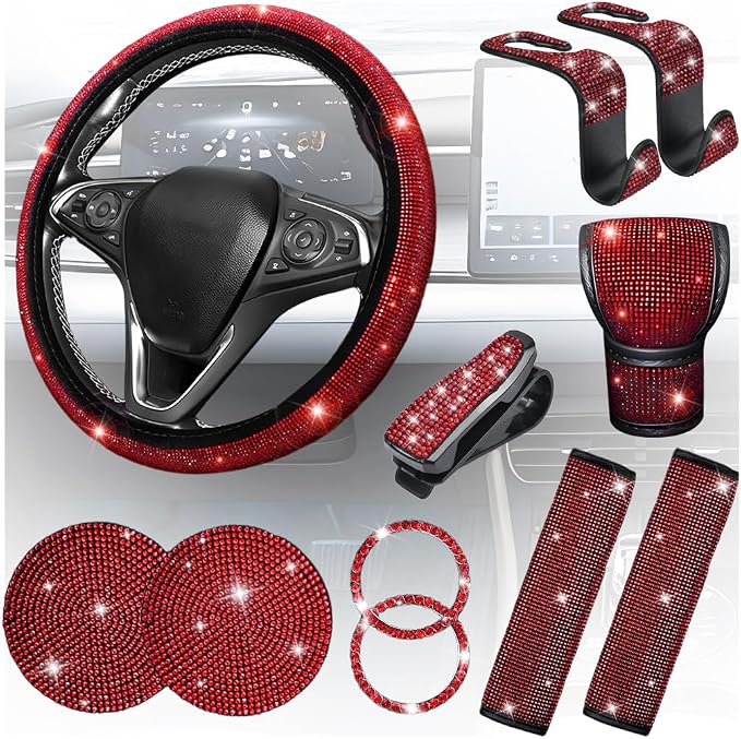 11PCS/Set Bling Car Accessories Set for Women, Rhinestone Vehicle Steering Wheel Cover Seat Belt Cushion Gear Shift Protector Cup Holder Coaster, Universal Automotive Accessories (Red)