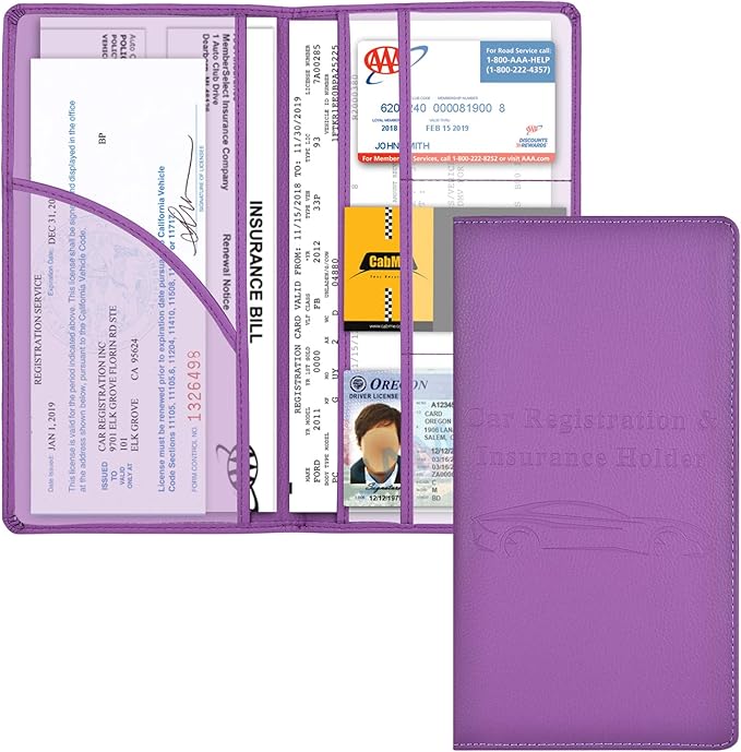 Car Registration and Insurance Card Holder, Vehicle Glove Box Car Organizer Women Car Accessories with Magnetic Shut for Cards, Essential Document, Driver License, Purple