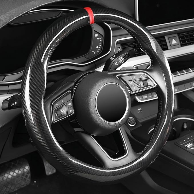 Carbon Fiber Steering Wheel Cover, Universal 15 inch, Breathable, Anti-Slip, Warm in Winter and Cool in Summer, Black