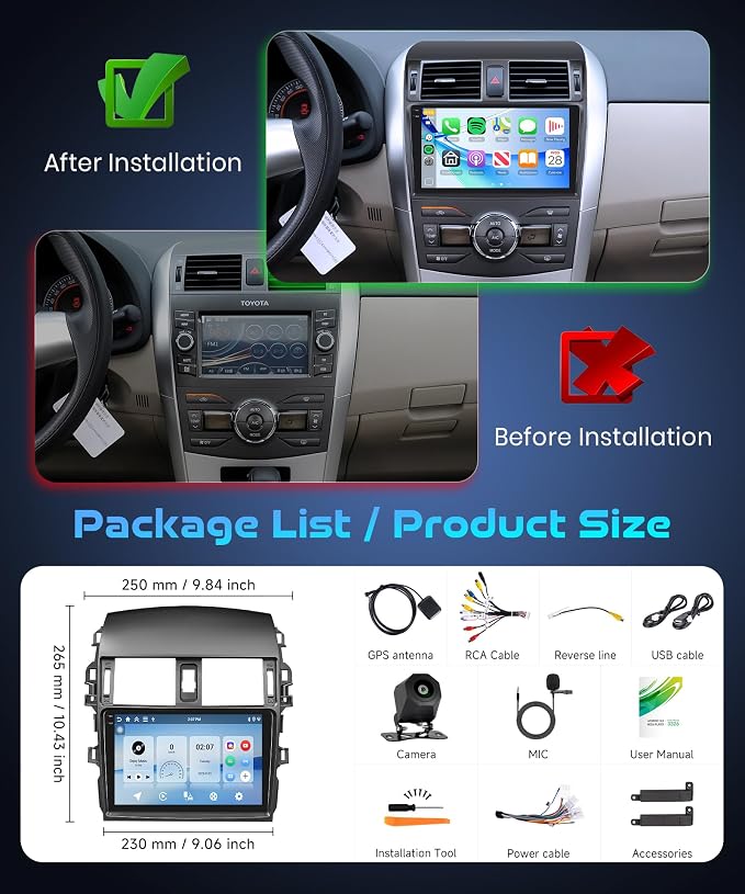 Android 15 Car Stereo for Toyota Corolla 2009-2013, 4G+64G Car Radio with Wireless Carplay Android Auto, 9'' in-Cell Screen Head Unit GPS/Bluetooth 5.0/FM RDS/32EQ/5G-WiFi Backup Camera SWC