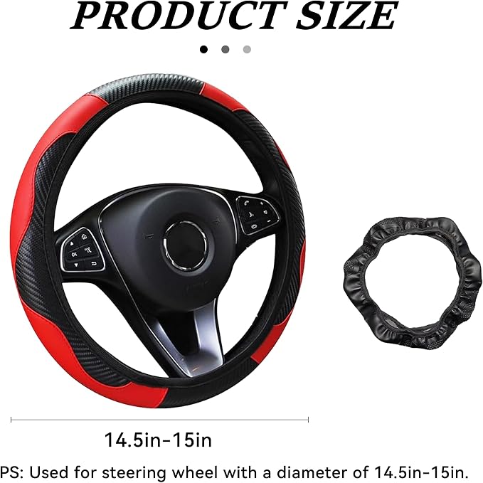 Car Steering Wheel Cover, 15 inch Carbon Fiber Microfiber Anti-Slip Breathable PU Leather Elastic Steering Wheel Protector, Car Interior Accessories for Most Cars (Red)