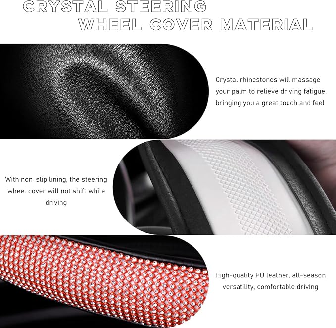 Steering Wheel Cover, Bling Crystal Rhinestones Auto Wheel Protector, Sparkly Cover Universal Fit Diverse 14.5-15 inch Steering Wheel, Interior Decor Car Accessories (Red)
