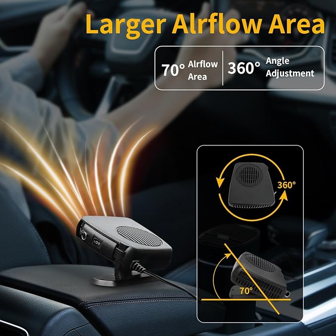 12V 200W Portable Car Heater & Windshield Defroster – 2-in-1 Fast Heating & Cooling Fan with 360° Rotatable Base, Plug In Cigarette Lighter Car Heaters for Vehicle, Car, SUV, Truck & RV