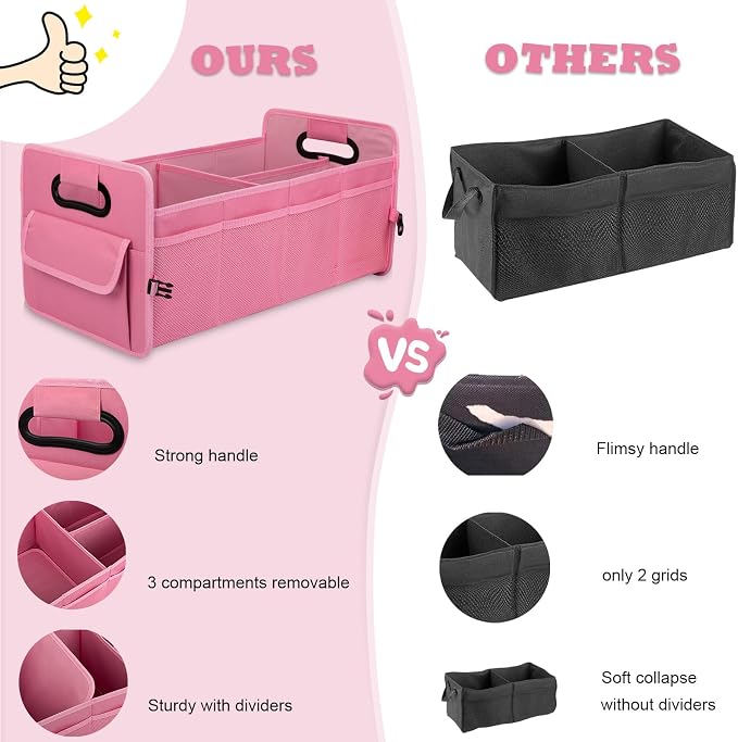 Car Trunk Organizer, Car Organizers and Storage Collapsible Multi Compartment Container Box, Adjustable Car Accessories for SUV Sedan Truck, Large Size, Pink