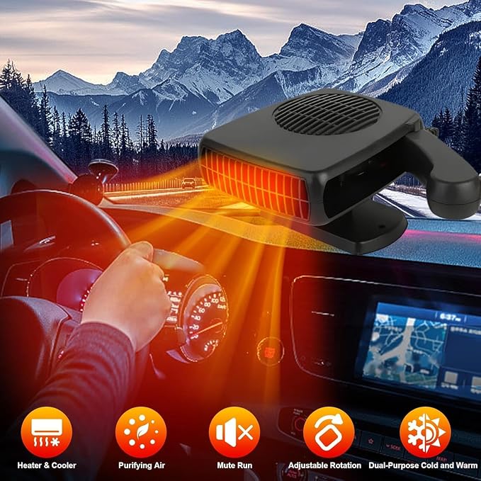 Portable Car Heater and Defroster That Plugs into Cigarette Lighter for Car 12V 200W Fast Heating and Cooling Fans for Car Hidden Handle 360 Degree Car Heaters for Vehicle