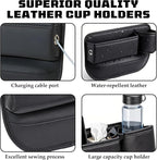 Car Leather Cup Holder Gap Bag, New Car Seat Gap Filler Organizer with Cup Holders, Console Organizer for Phone, Keys and Small Items, Universal Fit Essentials for SUV, Truck & Sedan (2pc)