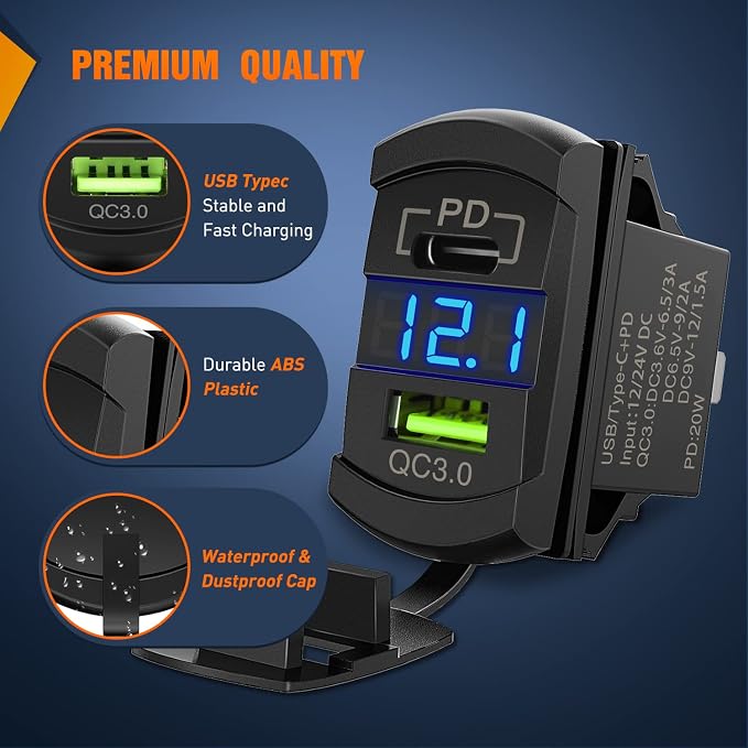 Rocker Switch Style USB Outlet LED Voltmeter Quick Connector 12V PD Type C and USB QC 3.0 Cars Replacement with Inline Fuse for Switches Panel on Boats RV Truck Car