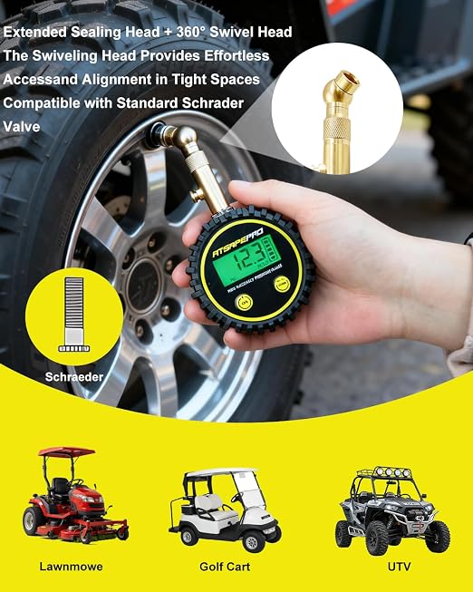 Digital Tire Pressure Gauge for Low Pressure Tires - 0-15 PSI ±0.5% Accuracy, Backlit LCD with 4 Units & Battery Indicator, 360° Swivel Head for Schrader Valve, Fit for ATVs, UTVs, Golf Carts