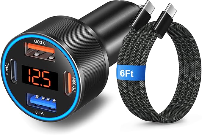 65W 4-Port Super Fast Type C Car Charger USB C for Samsung S26/S25/S24/S23/S22 Ultra/A17/A16/Z Fold/Flip Android Car Phone Adapter 12v Cigarette Lighter Plug with Voltage Display+6FT USB C Cable
