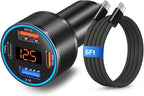 65W 4-Port Super Fast Type C Car Charger USB C for Samsung S26/S25/S24/S23/S22 Ultra/A17/A16/Z Fold/Flip Android Car Phone Adapter 12v Cigarette Lighter Plug with Voltage Display+6FT USB C Cable