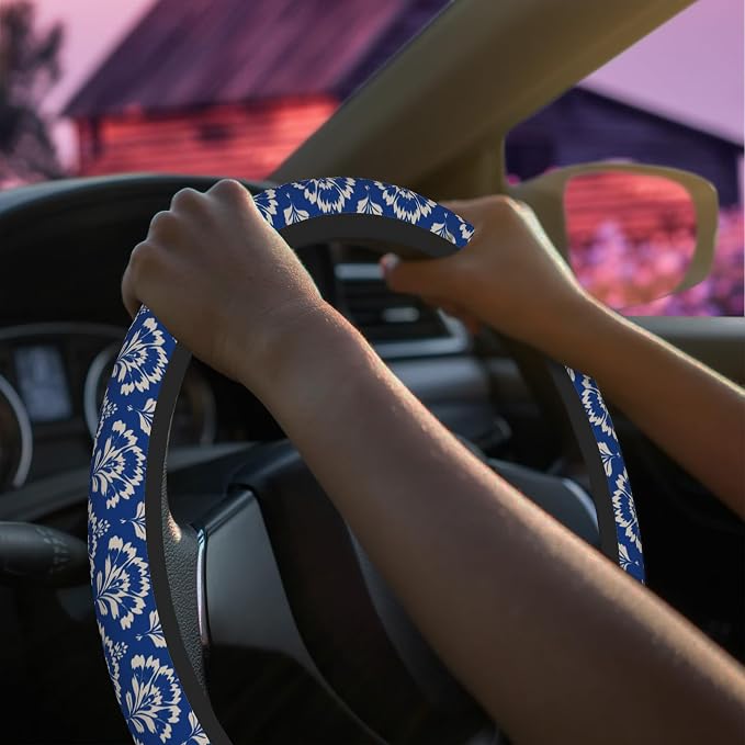 Blue Damask Flower Steering Wheel Cover for Women Men Neoprene Breathable Wheel Cover Protector Anti-Slip Car Accessories Universal 15 Inch Fit for Cars Trucks Vehicles