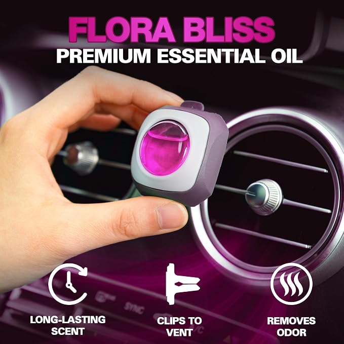 Flora Bliss Scent Car Air Freshener Vent Clip 6 Ct Long Lasting | Up to 180 days, Natural Essential Oil, Car Fragrance Accessories for Women and Men, Odor Eliminator, 4 mL Each