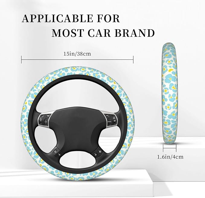 Blue Flowers Steering Wheel Cover for Women, Steering Wheel Covers with Anti-Slip Lining, Universal 14.5-15 inchs Car Interior Accessories with 2PCS Car Coasters Suitable for Men and Women