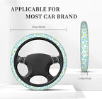 Blue Flowers Steering Wheel Cover for Women, Steering Wheel Covers with Anti-Slip Lining, Universal 14.5-15 inchs Car Interior Accessories with 2PCS Car Coasters Suitable for Men and Women