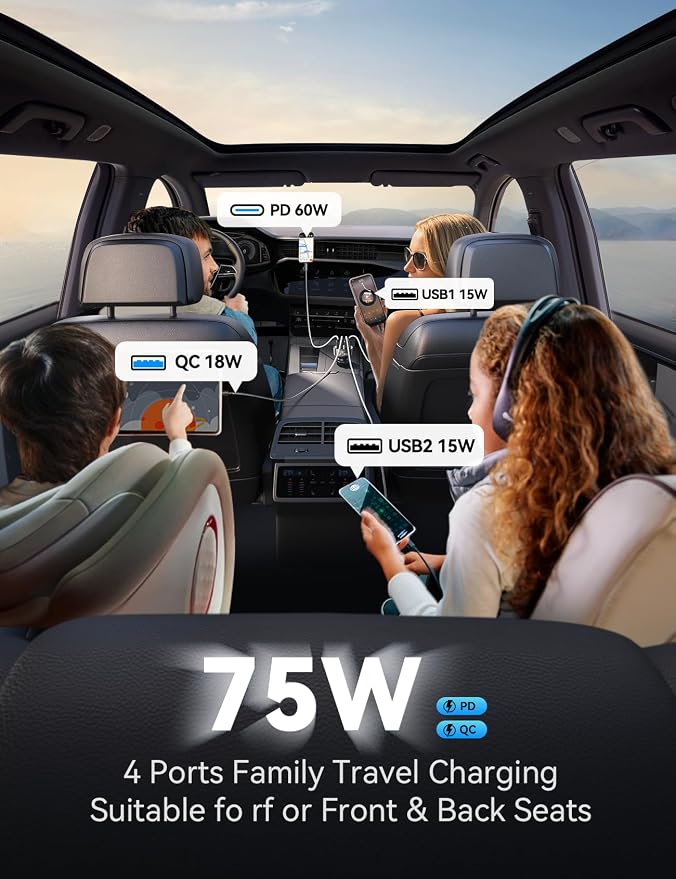 75W Car Charger USB C, 4 Port Super Fast Cigarette Lighter USB Charger, Type C 60W & QC 3.0 Multiport Car Phone Adapter Accessories for iPhone 17/16/15/14/13/12 Pro Samsung S26 Series