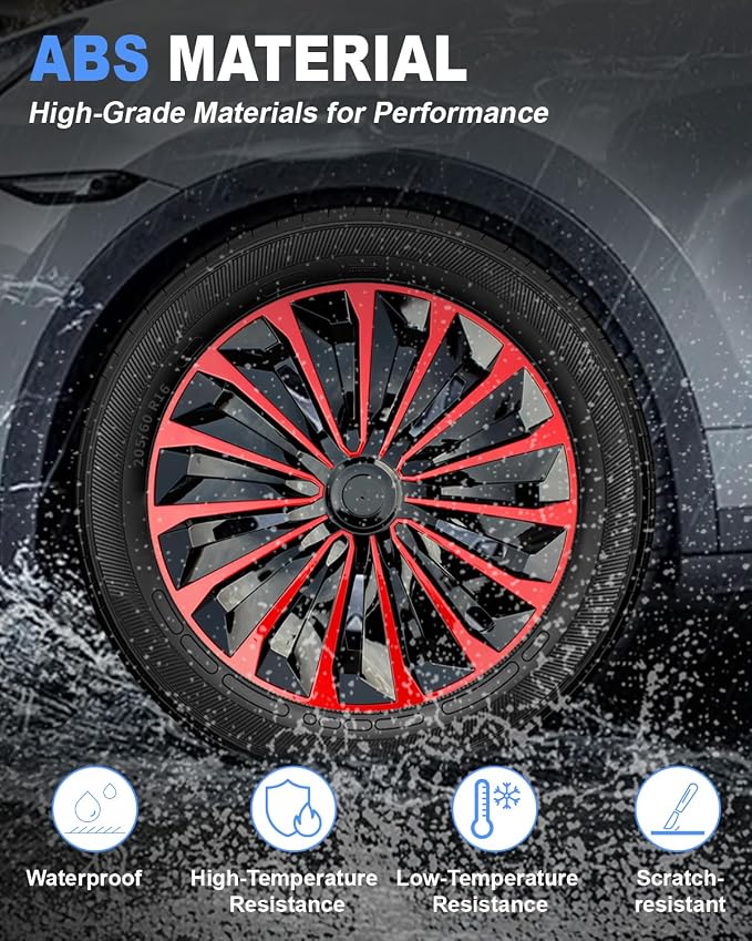 Hubcaps,16 inch hubcaps Set of 4, Wheel Rim Cover ABS Material, Snap On Car Truck SUV Replacement, for Toyota Camry Nissan Mazda etc, Black&Red