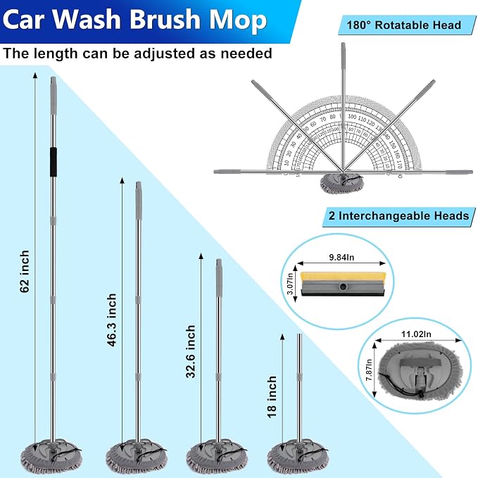 Car Wash Kit, 62'' Car Washing Brush with Long Handle, Extendable Car Wash Brush Mop with 2-in-1 Windshield Squeegee and 9Pcs Detailing Brushes, Gray Car Detailing Kit Gift for Men