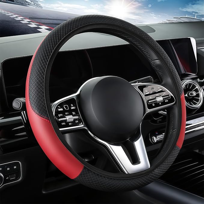 Leather Car Steering Wheel Cover, 15 Inch Anti-Slip Carbon Fiber Black Steering Wheel Cover, Universal Car Interior Accessories for Trucks Sedans SUVs (AD-Black & Red)