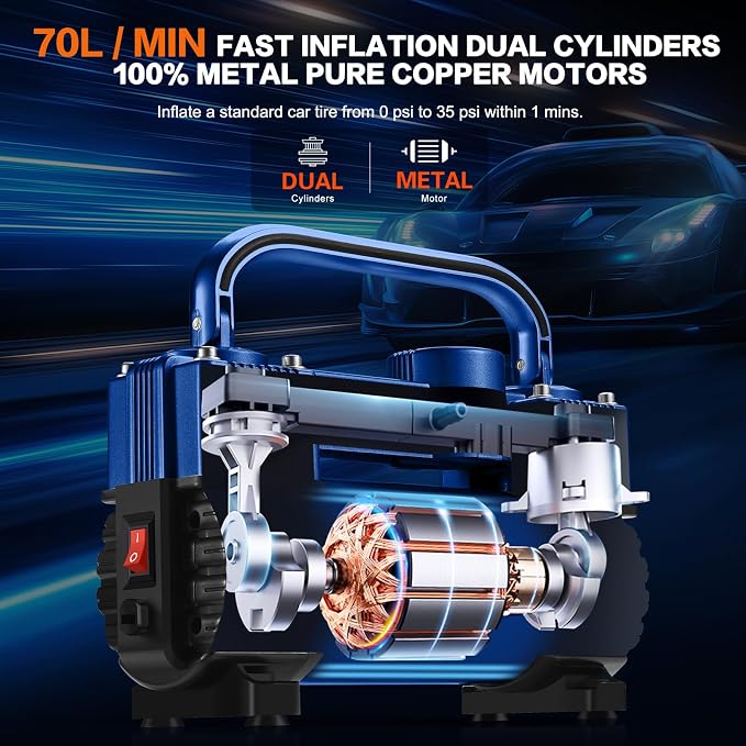 12V Heavy Duty Tire Inflator Metal Portable Air Compressor Pump | 6X Faster Inflation Double Cylinders 150PSI Air Pump with Adapter for Car, RV,Pickup Truck, SUV, Van,Camper, Air Bed,Ball