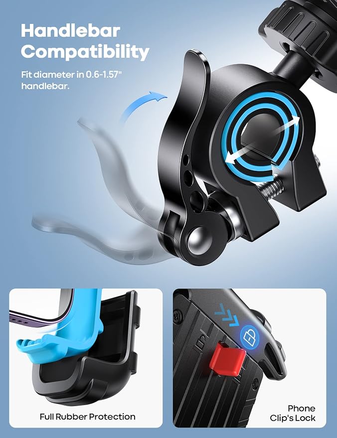 Bike Phone Holder, Motorcycle Phone Mount - Motorcycle Handlebar Cell Phone Clamp, Scooter Phone Clip for iPhone 14 Plus/Pro Max, 13 Pro Max, S9, S10 and More 4.7" - 6.8" Smartphones, Blue