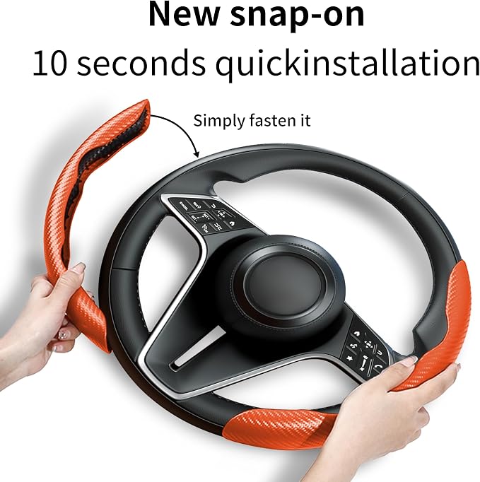 2Pc Carbon Fiber Steering Wheel Cover Universal Fit 99% Cars | Non-slip soft grip, easy to wipe clean, quick to install, perfect for daily commutes and road trips, Orange