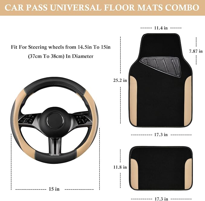 Faux Leather Steering Wheel Cover and Waterproof Car Floor Mats,Universal Car Combo Fit for 95% Sedan,SUV,Cars,14.5-15inch Sporty Anti-Slip Safety Comfortable Design(Black＆Beige)