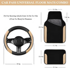 Faux Leather Steering Wheel Cover and Waterproof Car Floor Mats,Universal Car Combo Fit for 95% Sedan,SUV,Cars,14.5-15inch Sporty Anti-Slip Safety Comfortable Design(Black＆Beige)