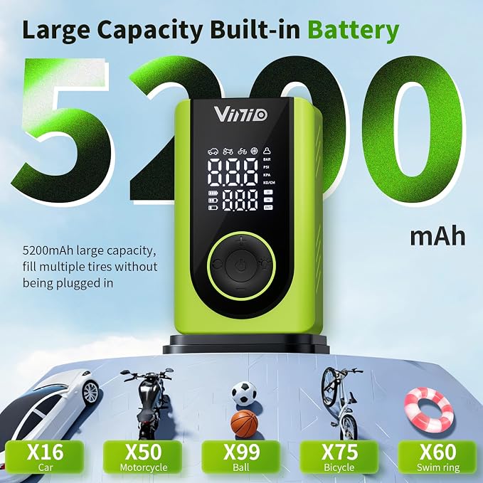 Tire Inflator Portable Air Compressor Cordless, LED Digital Display & Auto Shut-Off, 5 Modes, 150 PSI Air Pump for Car, Balls, Bike, Motorcycle, with Pressure Gauge & Accessories Included, Green
