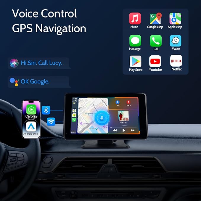 Portable Wireless Carplay Car Stereo, 7 inch HD Touchscreen for All Vehicles,with Apple CarPlay & Android Auto with Backup Camera/Mirror Link/Voice Control/Bluetooth/GPS/AUX/FM Satellite Radio