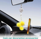 Bling Diamond Heart Car Interior Accessories, Heart & Pink Plush Ball Decor Ornament Pendant, Hanging Decoration Charm (Yellow)