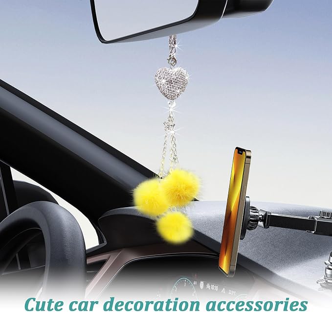 Bling Diamond Heart Car Interior Accessories, Heart & Pink Plush Ball Decor Ornament Pendant, Hanging Decoration Charm (Yellow)