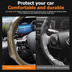 Zpana Carbon Fiber Car Steering Wheel Cover, Leather Non-Slip Vehicle Steering Wheel Cover for 14.5-15 Inch, Comfortable Auto Interior Protector Decoration Accessories, Universal Fit(Gold)
