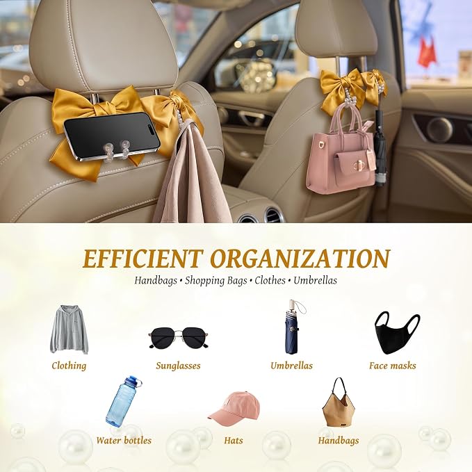 2 PCS Bow Pearl Car Seat Headrest Hook – Cute Purse Hook for Car, Girly Interior Decoration Accessories Hook Hanger, Seatback Holder for Purses & Bags, Elegant Car Organizer (Golden)