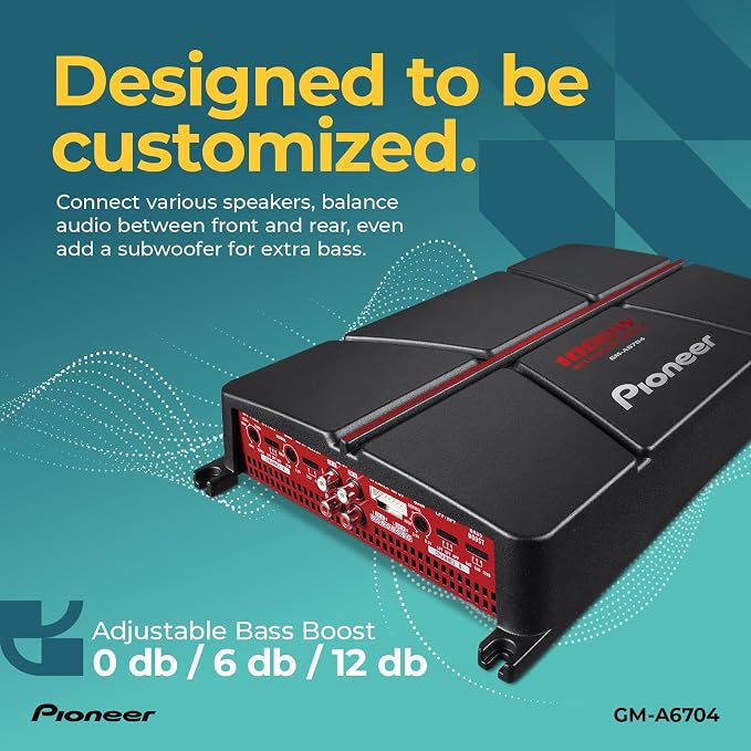GM-A6704 4-Channel Car Amplifier – 1000W Max, Class AB, Bridgeable Design, Bridgeable, High-/Low-Pass Filters