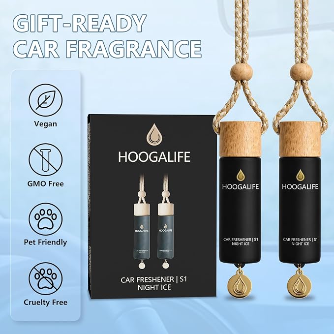 Car Air Freshener 2 Pack, Night ICE Hanging Diffuser, 45+ Days Long Lasting Scent, Refillable Bottle, Odor Control for Auto Interior, Made in USA