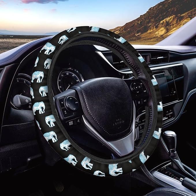 Elegant Elephant Style Automotive Steering Wheel Covers Neoprene Comfortable Keep Warm Odorless Stretch-on Fabric Breathable Universal 14 to 15 inch Navy Blue for Women Mens