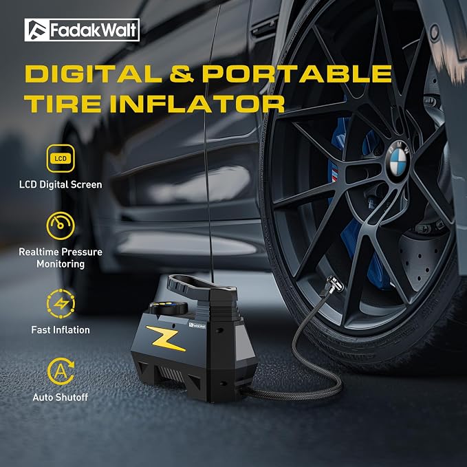 Tire Inflator Portable Air Compressor, 12V DC Car Air Pump with Auto Shutoff, 150 PSI Digital Gauge, LED Light, Metal Valve Connector, Accessories for Cars, Yellow