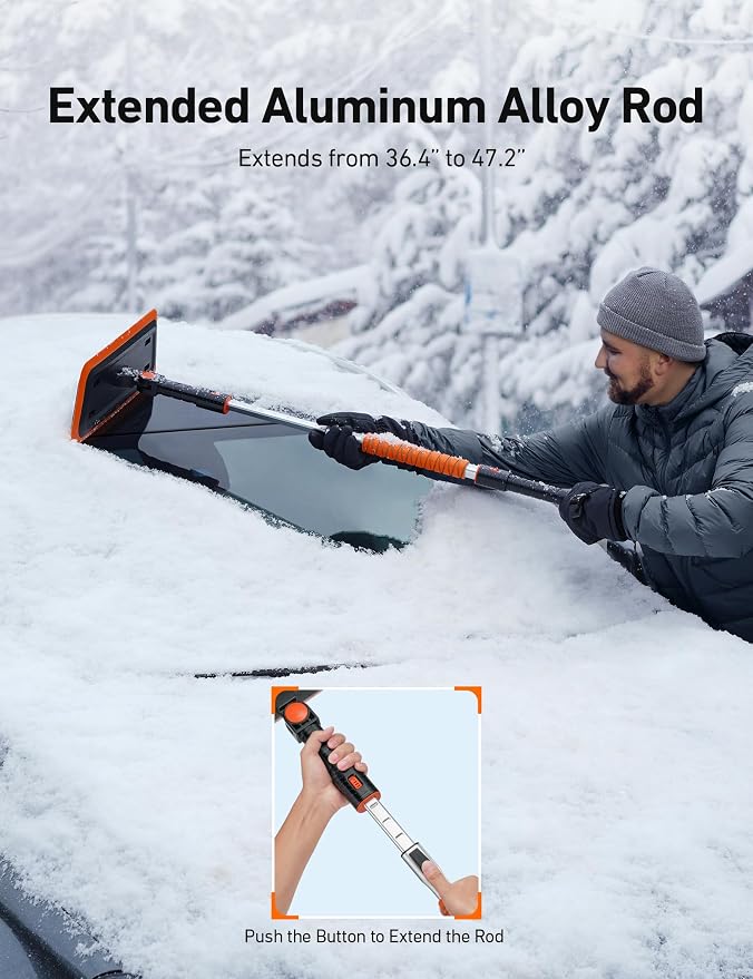 47.2 Inch 2-in-1 Snow Brush for Car Snow Broom and Detachable Ice Scraper with Non-Abrasive Silicone Head for Cars, Trucks, SUVs（Orange-Black）