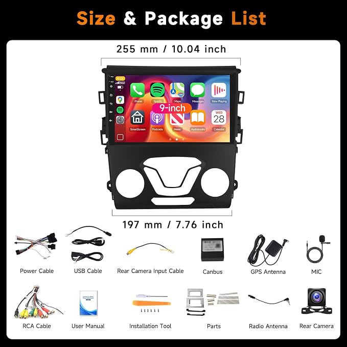 8 Core 6G 128G Radio for Ford Fusion Mondeo 2013-2019 9 Inch Touchscreen Wireless Carplay Android Auto Car Stereo with Bluetooth DSP GPS Navigation WiFi FM/RDS