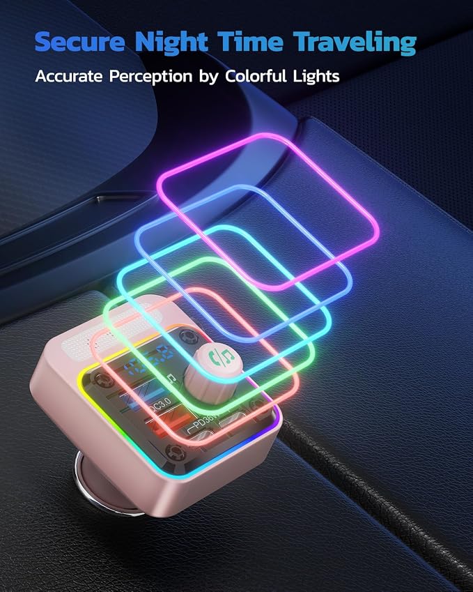 54W Bluetooth 5.3 Car Adapter with 4 Charging Ports [PD 36W & QC3.0 18W], Wireless Radio FM Transmitter with Deep Bass Player & 5 Colors LED Backlit, Hands-Free Calling - Pink