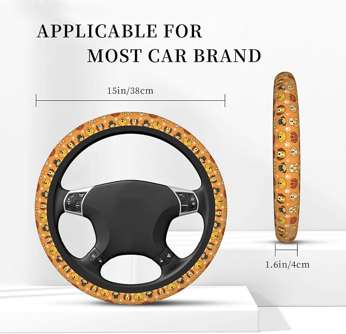 Dog Pattern Steering Wheel Cover, 15 Inch Universal Fit Neoprene Car Wheel Protector, Non-Slip & Breathable Cute Animal Print Interior Decor for Women and Men