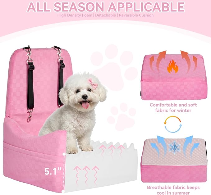 Dog Car Seat for Small/Medium Dogs Up to 35 lbs – Patented Safety System, 5" Memory Foam Pet Booster Car Seat, Fully Detachable and Washable Dog Carseat with 2 Storage Pockets (Pink)