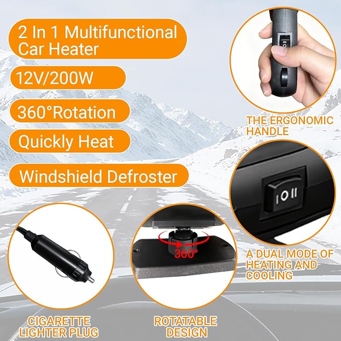 Car Heater, 12V 200W Fast Heating & Cooler Fan Portable Windshield Defogger & Defroster Plug into Cigarette Lighter, 360° Auto Heater for Car, SUV, Trucks