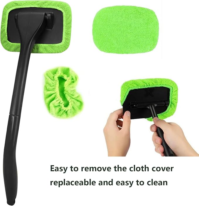 Car Windshield Cleaning Tool, Windshield Cleaner with 5 Washable and Reusable Microfiber Pads and Extendable Handle, for Auto Glass Wiper (Green)