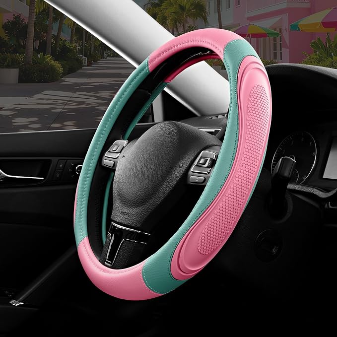 Car Steering Wheel Cover - Microfiber Leather Steering Wheel Wrap Sports 14.5-15 Inch Steering Wheel Cover Non-Slip for Men Women Pink & Green Color
